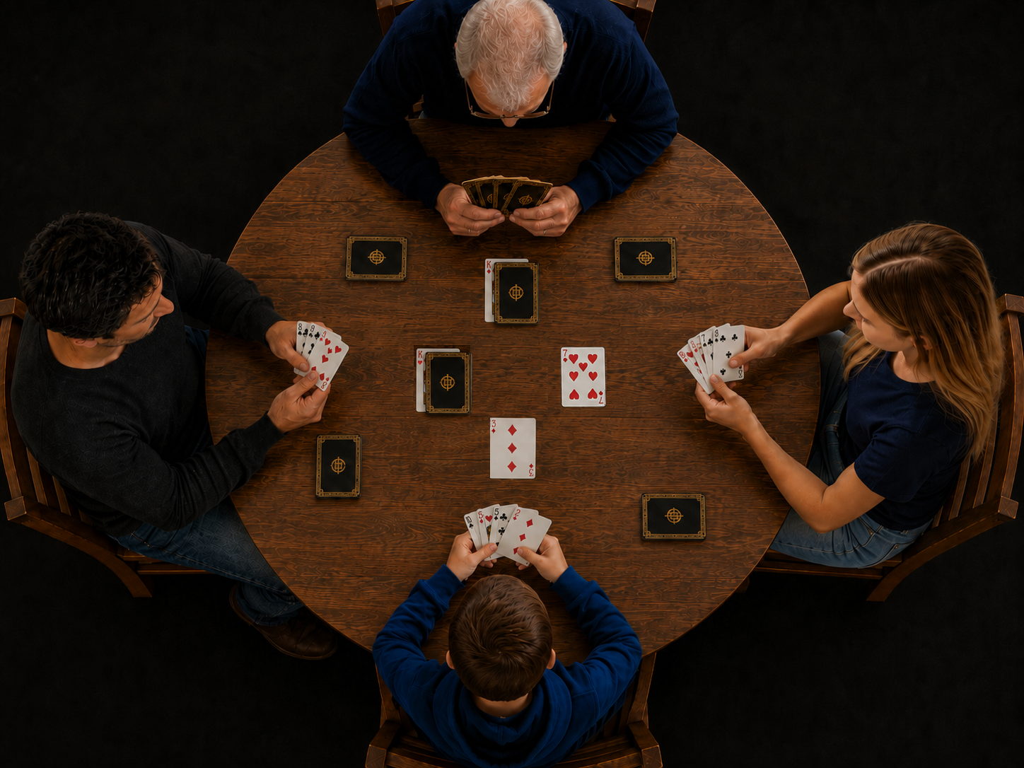 Vue de dessus d'une partie BATAYO avec quatre joueurs, leurs cartes sur la table et des cartes jouées au centre